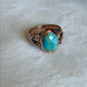 Genuine Turquoise Stone Detailed Band Copper Ring
